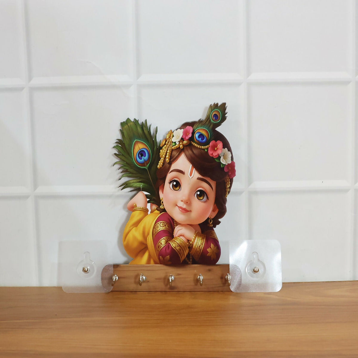 Baby Krishna Peacock Wooden Key Holder – Devotional Wall Organizer (5 Hooks)
