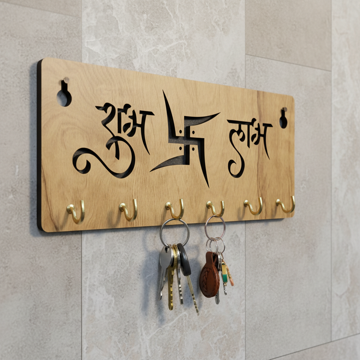 Shubh Labh Swastik Wooden Key Holder – Vastu Wall Organizer (6 Hooks)